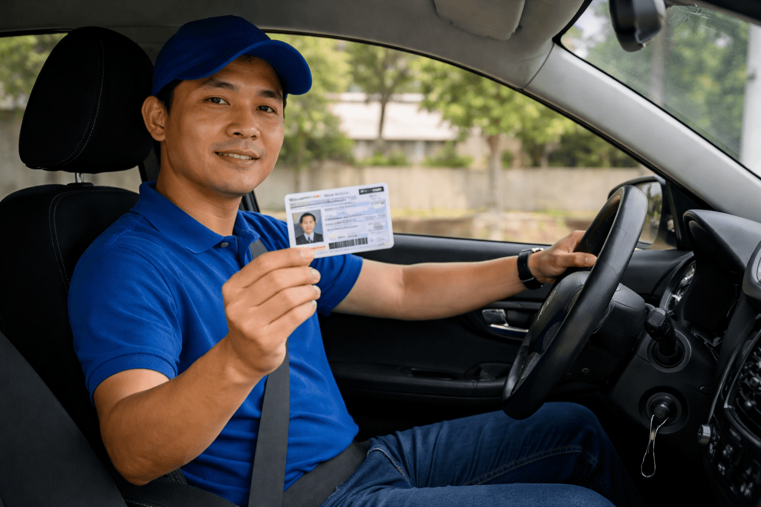 Driver in a vehicle holding up a driver licence for verification